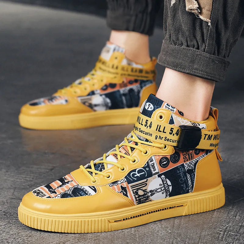 Couple Yellow Printed High Top Sneakers 2023 Autumn Hasp Design Mens Leather Casual Shoes Comfortable Mens Outdoor Walking Shoes