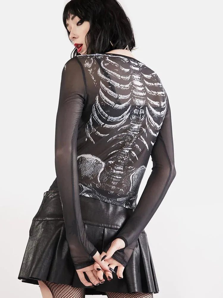 Gothic Punk Shirt 2000s Women Skeleton Pattern Round Neck Long Sleeve Crop Top Black Dark Academia Clothes y2k Tees Streetwear