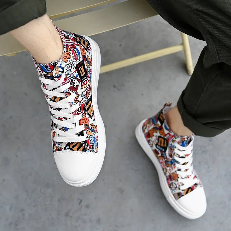 Cool Low Price Shoes New Graffiti Canvas Shoes Tenis Masculino Couple Style Board Casual Women's Street Shooting Shoes for Men