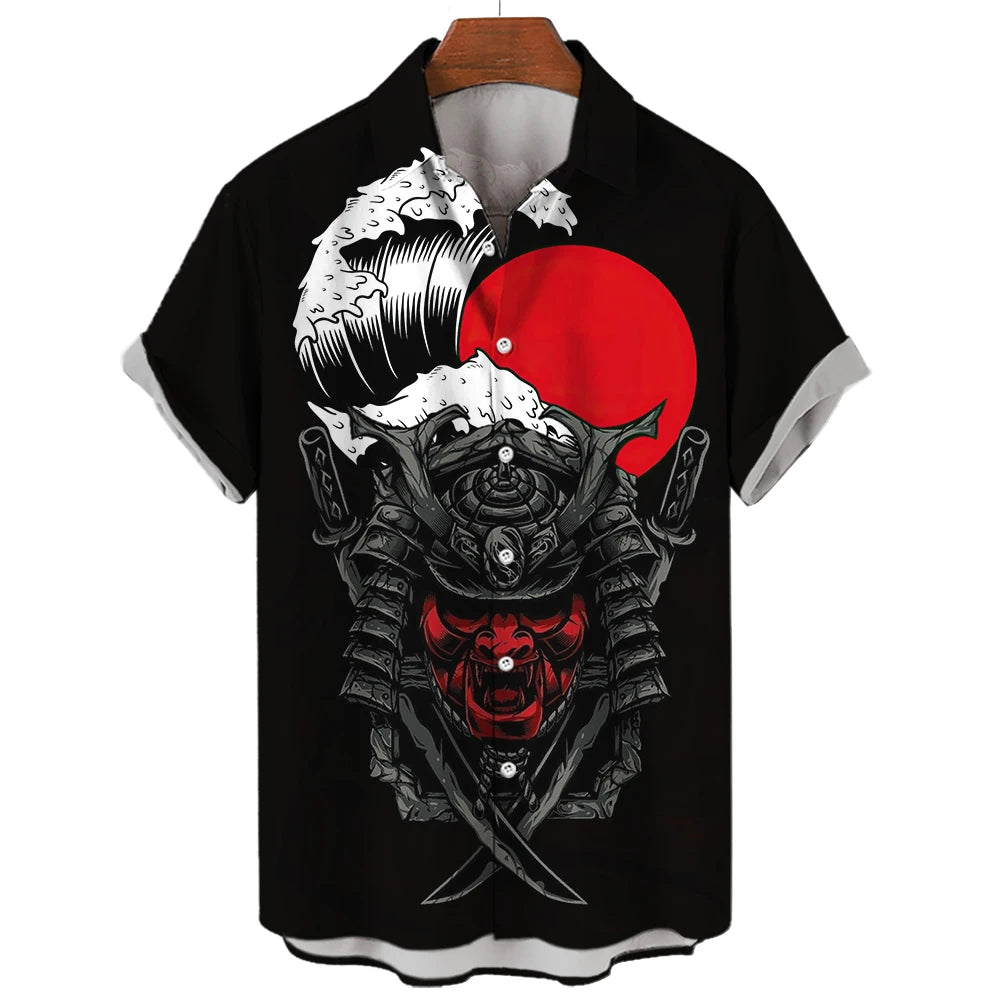 Retro Men's Shirt Slim Fit Samurai Horror Shirts Japanese Print Camisa Masculina Oversized Casual Hawaiian Shirts And Blouses