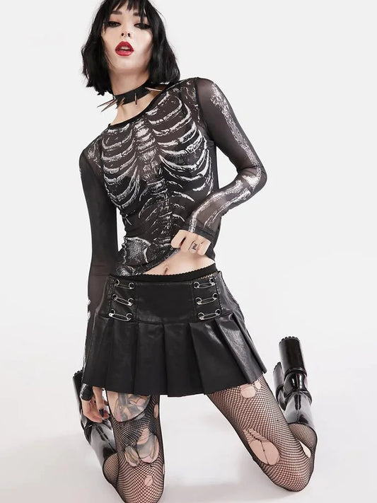 Gothic Punk Shirt 2000s Women Skeleton Pattern Round Neck Long Sleeve Crop Top Black Dark Academia Clothes y2k Tees Streetwear