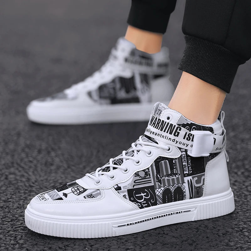 Couple Yellow Printed High Top Sneakers 2023 Autumn Hasp Design Mens Leather Casual Shoes Comfortable Mens Outdoor Walking Shoes