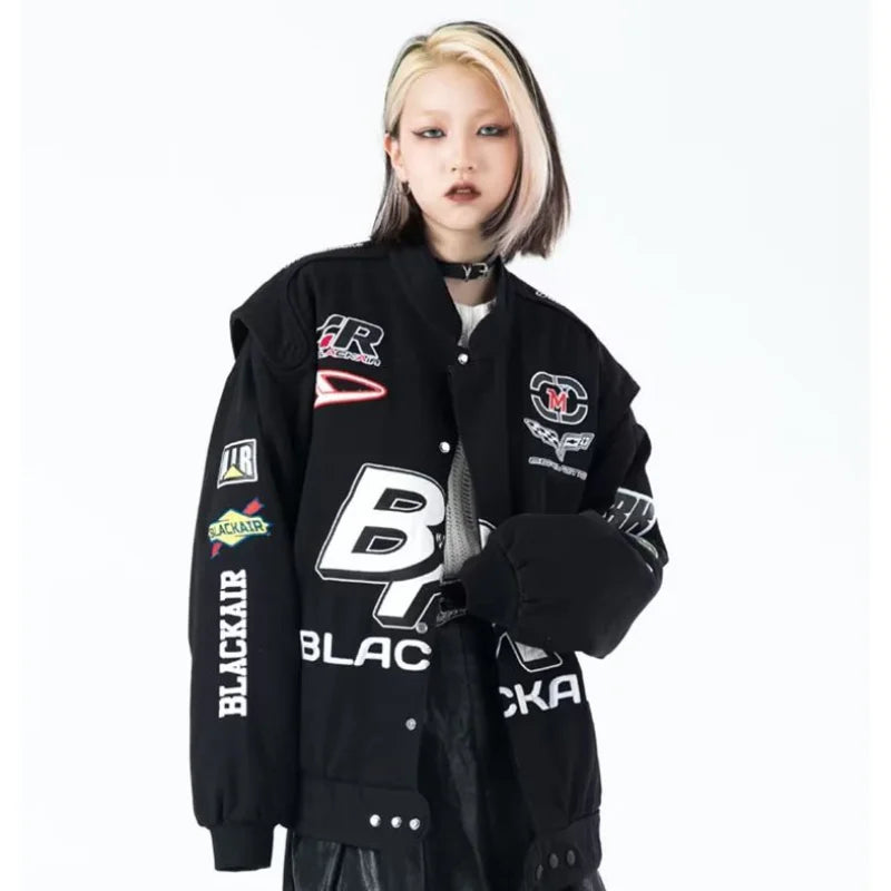 Embroidery Racing Bomber Jacket Men Women Hip Hop Motorcycle Loose Casual Coat Unisex High Street Varsity Baseball Outwear 2023