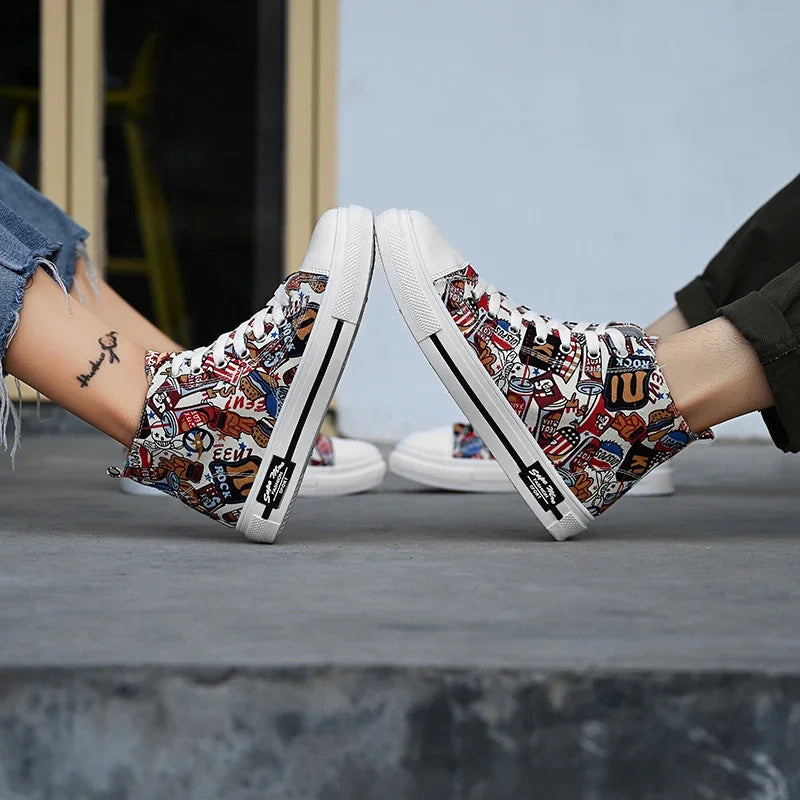 Cool Low Price Shoes New Graffiti Canvas Shoes Tenis Masculino Couple Style Board Casual Women's Street Shooting Shoes for Men