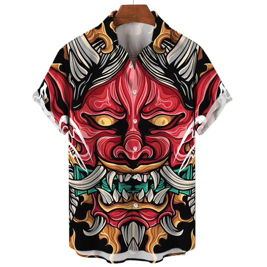 Retro Men's Shirt Slim Fit Samurai Horror Shirts Japanese Print Camisa Masculina Oversized Casual Hawaiian Shirts And Blouses