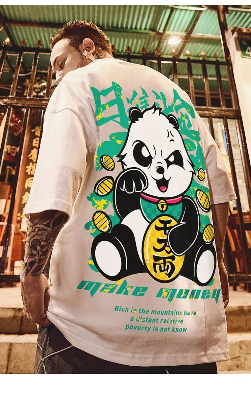 Summer Men's Cotton T-Shirt Funny Panda Print Cartoon Short Sleeve Tops O-Neck Tee Y2k 2023 Anime Casual Oversized T Shirt