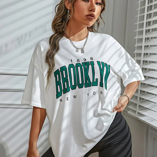 New 1898 Brooklyn Prit Women T-Shirt York Letter Drop Shoulder Oversized T Shirt Vintage Simple Clothes Female T Shirt Top